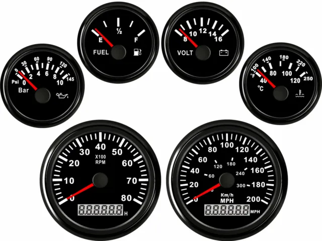 6 Gauge Set 200MPH 300KM/H Speedometer Tacho Fuel Volts Oil Temp Black USA STOCK