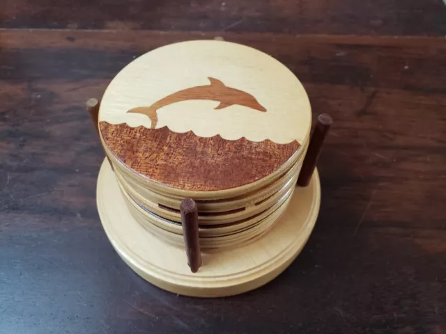 Round Mountain Woodworks Wood Inlay 6 Coaster Set & Holder Dolphin Sailboat