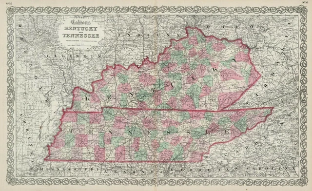 1867 Colton's  "Kentucky & Tennessee"-original, ex-atlas, hand color
