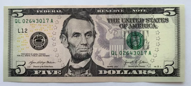 US Federal Reserve 5 Dollar BankNote - 2021 One Note UNC