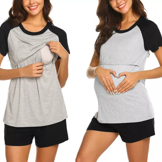 2PCS Women Maternity Short Sleeve  Baby Tops T-shirt+Shorts Pajamas Set