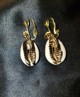 Gold Clip On Drop Dangle Earrings Cowrie Sea Shells Dipped in Goldplating