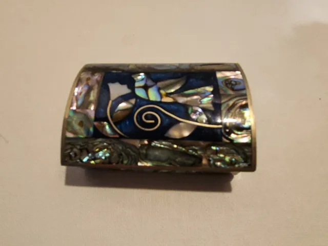 Alpaca Silver Trinket Jewelry Box Abalone Inlay Inlaid Wood Lined Case
