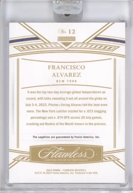 FRANCISCO ALVAREZ 2023 Panini Flawless #12 Rookie Dual Diamond 13/15 ...