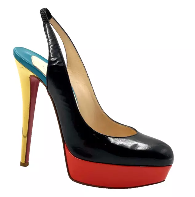 CHRISTIAN LOUBOUTIN Bianca Slingback Black Patent Platform Pumps Heels US 8 EU38