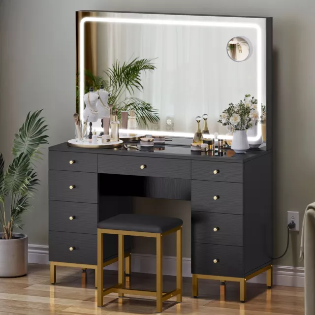 Vanity Desk Set with Large Lighted Mirror 46" Makeup Vanity Table with 9 Drawers
