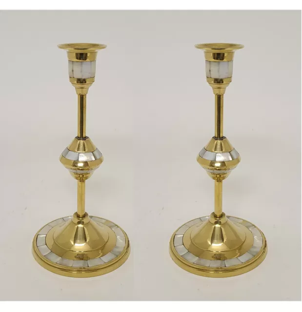 Candle Holder Brass Mother of Pearl Inlay Round 4"Dia 8"High Set of 2