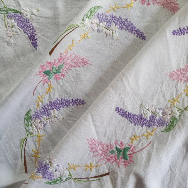 Vintage hand embroidered tablecloth, linen, circle of flowers, 40" square