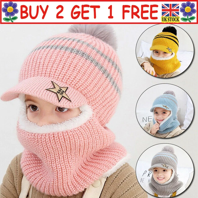 Kids Girls Boys Toddler Baby Winter Warm Hat Hooded Scarf Earflap Knitted Cap QT