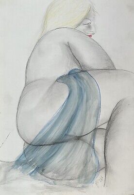 Retrato de Mujer Acostada Mujer Desnudo Moderna Dibujo Firmado