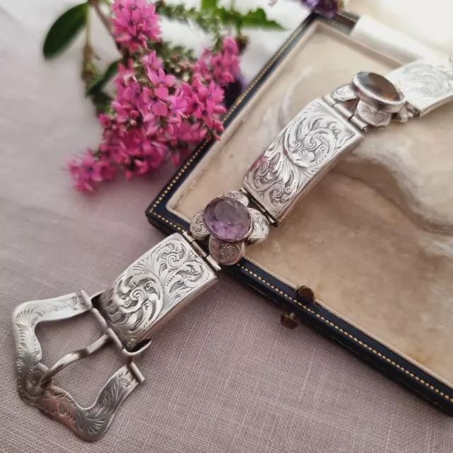 Victorian Sterling Silver Amethyst Novelty Buckle Bracelet