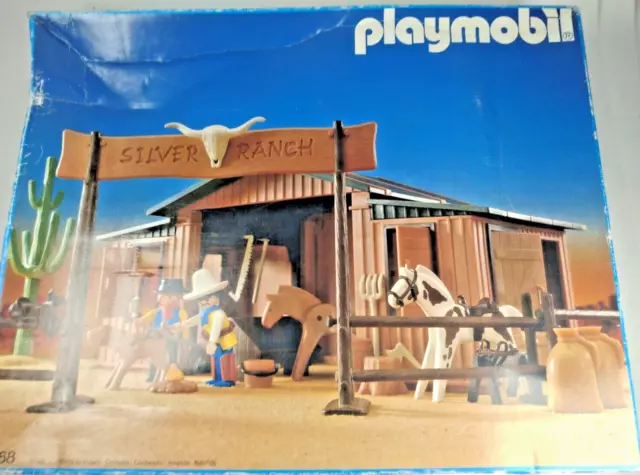 Playmobil Western 3768 Silver Ranch Vintage 1987 Cowboy Cattle Horse Animal Box Playmobil Western 3768 Silver Ranch Vintage 1987 Cowboy Cattle Horse Animal Box