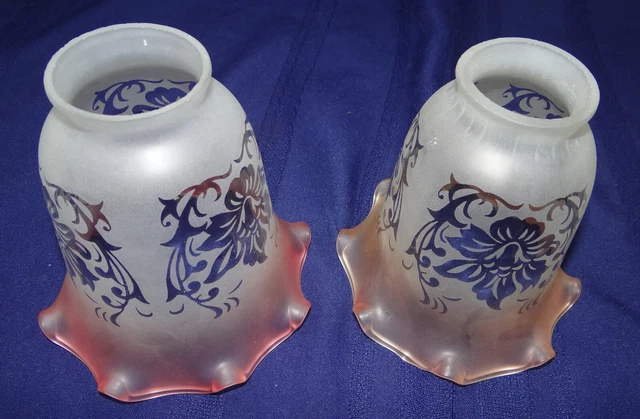 Pair Vianne France Cranberry Pink Glass Acid Etched Lamp Shade 2 1/4" Fitter Vtg
