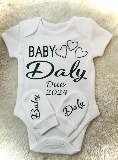 Personalised Custom Baby Name Vest heart Baby Grow Bodysuit Reveal Announcement