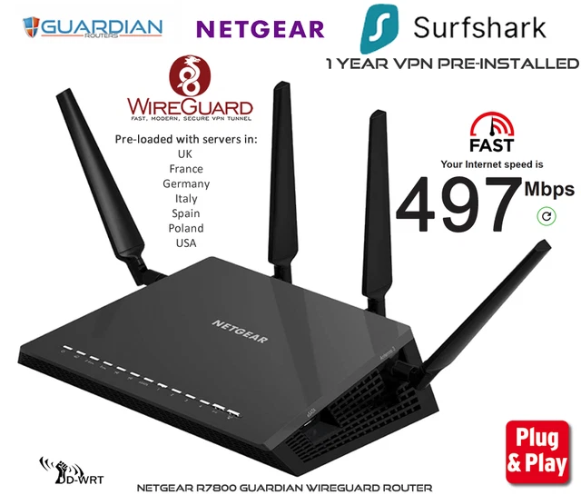 Netgear R7800 X4S Guardian Wireguard router VPN preconfigurato + 1 anno Surfshark