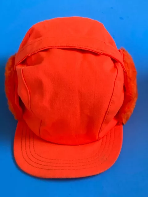 Vtg Hunting Cap Earflaps Blaze Orange 3M Thinsulate Trucker Hat Mens M/L Trooper