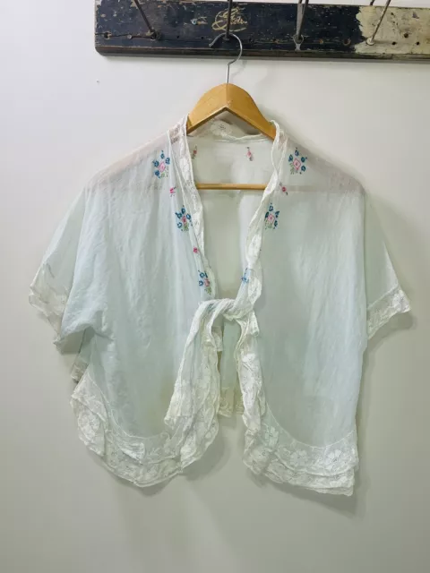 VINTAGE 40S BED Jacket Ecru Lace Embroidery Floral Prairie Feminine ...