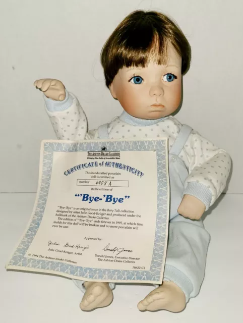 Ashton Drake Galleries "Bye Bye"  Doll Baby Boy Porcelain Blue with Certificate
