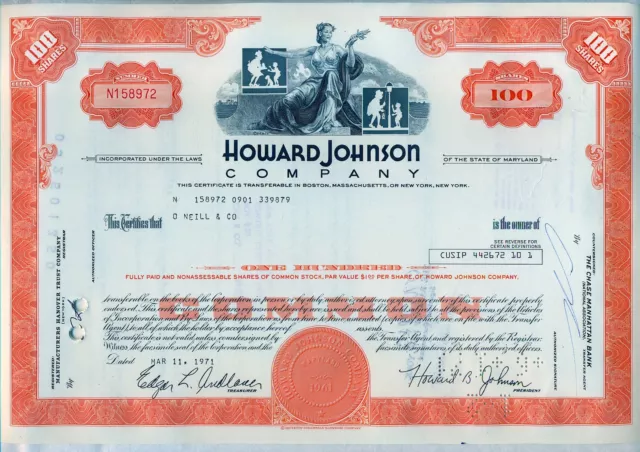 Howard Johnson Company Stock Certificate Maryland Hotel