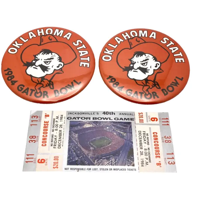 1984 Gator Bowl Ticket OSU vs SC and 2 Oklahoma State 1984 Gator Bowl Buttons