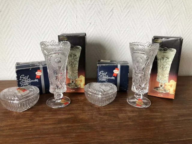 CRISTAL Anna Hutte Germany : Lot de 2 petits vases et 2 Bonbonnières + Boites