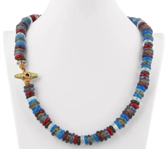 Handmade necklace recycled glass beads brass Krobo Ashanti African trade jewelry