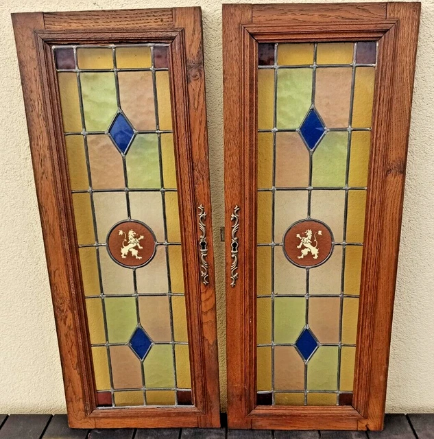 Pair French Antique Architectural Wood Walnut Panel Stained Glass Door Griffin