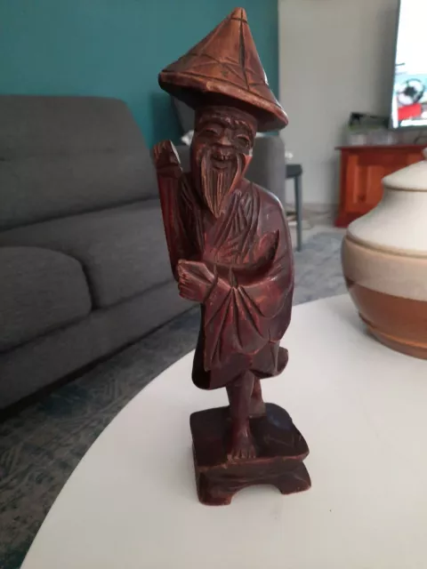 Antique Chinese Hand Carved Wood Old Man Figurine at 30cms tall