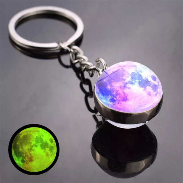 Glow in the Dark Galaxy System Keychain Double Sided Glass Dome Planet Keyring