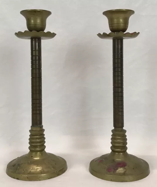 Pair Antique Vintage Chinese Brass Candlesticks Signed CHINA & Maker Mark