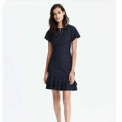 Banana Republic Womens Size 2 Short Sleeve Windowpane Flounce Dress Navy Blue