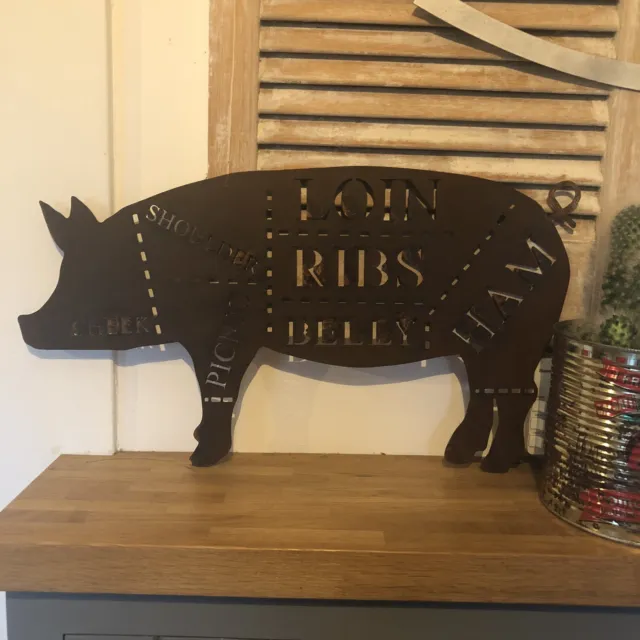 PIG Sign Rusty Metal Home BBQ Kitchen rustic house shabby chic butchers cuts