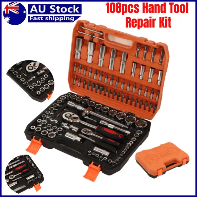 108x Tool Kit Socket Hand Set 1/2" & 1/4" Ratchet Spanner Wrench Metric Driver