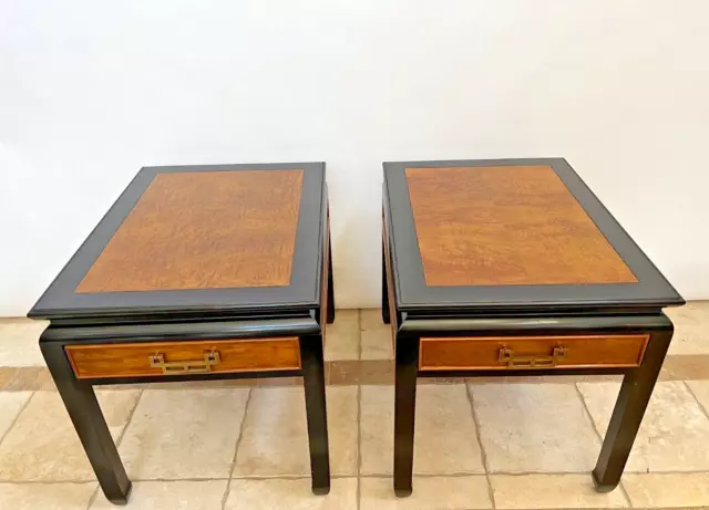 Vintage Pair of Century Side Tables Nightstands single drawer Burl Walnut top 2