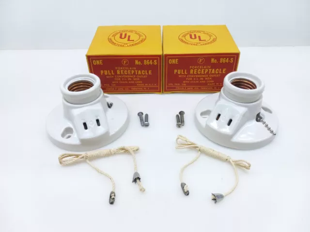 (2) Vintage Circle F White Porcelain Pull Chain Light Sockets for 3-1/4" Box NOS