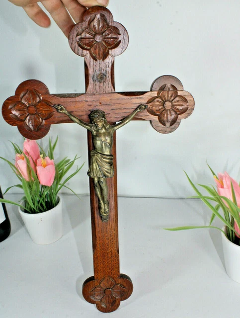 Antique french wood carved crucifix  cross religious