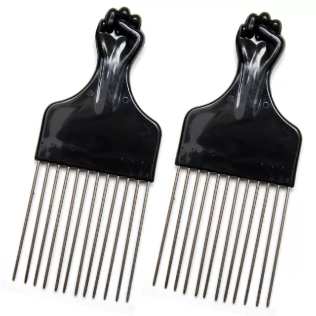 Afro Pick Comb (2 Pcs) 6.75" Black Fist Metal Lift Hair Detangle