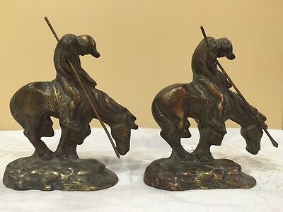 2 Vtg Antique END OF TRAIL Cast Iron Bronze Pair Figural Indian & Horse Bookends