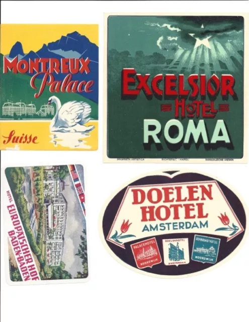 Original Vintage European Hotel Luggage Labels - Set of Four - Nice Set!