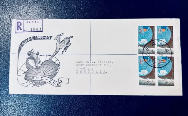 South Africa Fdc Registered Cover Antarctic 1960 Sanae Postmark Block Of 4 Stamp