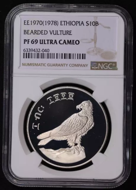 1978 ETHIOPIA - Bearded Vulture - Silver 10 Birr Proof - NGC PF 69 UC