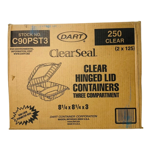 Dart ClearSeal 3 Compartment Hinged Lid Plastic Container, Clear, 250/Case