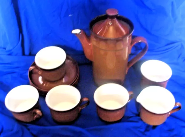 Vintage brown Denby Provence coffee set pot 4 cups saucers sugar + milk jug