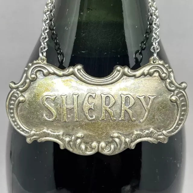 Vintage Large 3” “SHERRY” Gorham 349 Sterling Silver Liquor Label Hang Tab Old