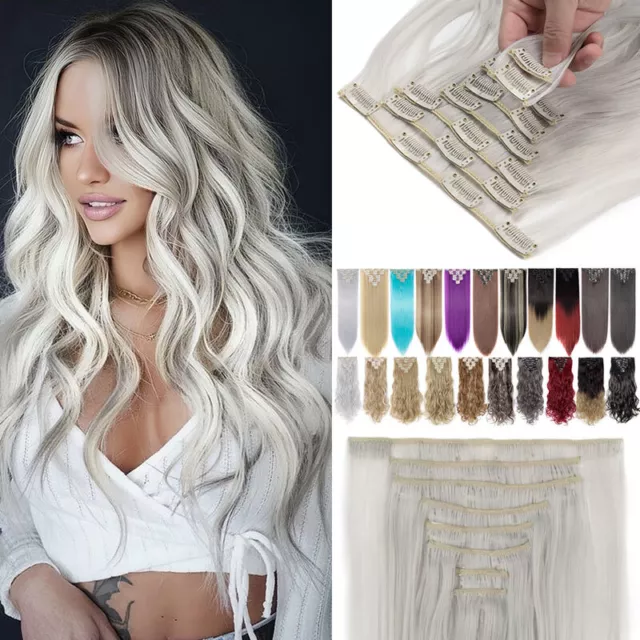 Woman Natural Thick FULL HEAD Clip In Hair Extensions 8 Pcs Long Wavy Synthetic