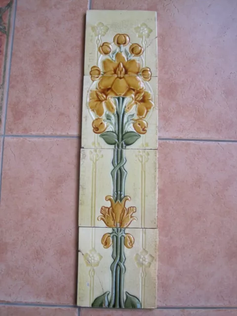 ANTIQUE RELIEF MOULDED ART NOUVEAU 4 TILE PANEL - LEA & BOULTON - c1896-1902