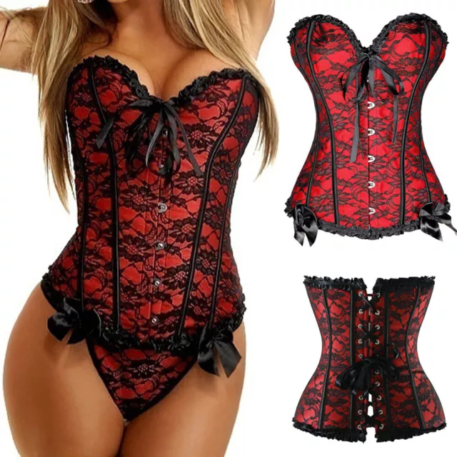 Womens Sexy Overbust Boned Corset Bustier Burlesques Basques Top Lace Up Costume