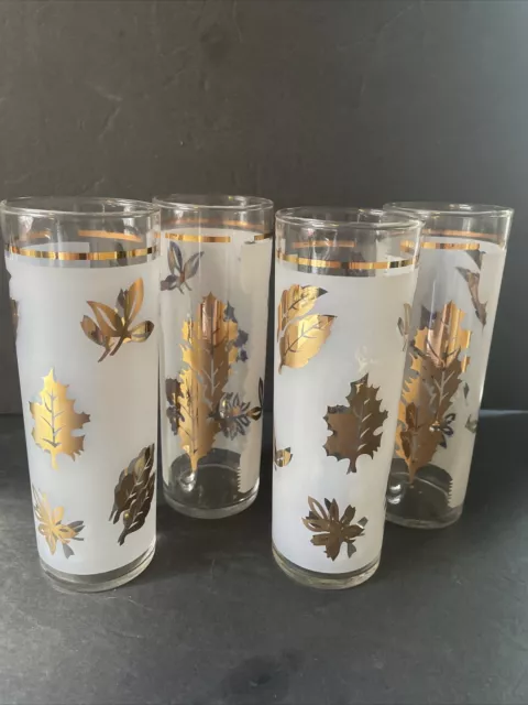 MCM Set of 4  Libbey Gold Folisge Tom Collins Tall Frosted Glasses