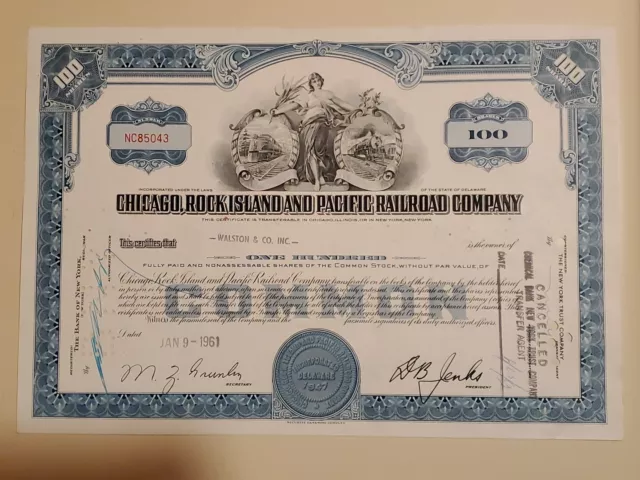 Chicago, Rock Island and Pacific Railroad Cancelled Stock Certificate