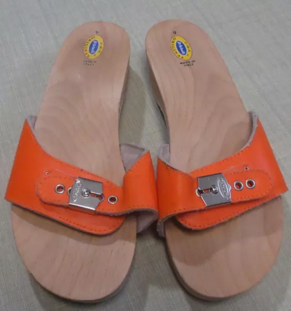 Vtg Dr. SCHOLL'S Original Wooden Exercise Sandals ORANGE Size 9 Italy Made